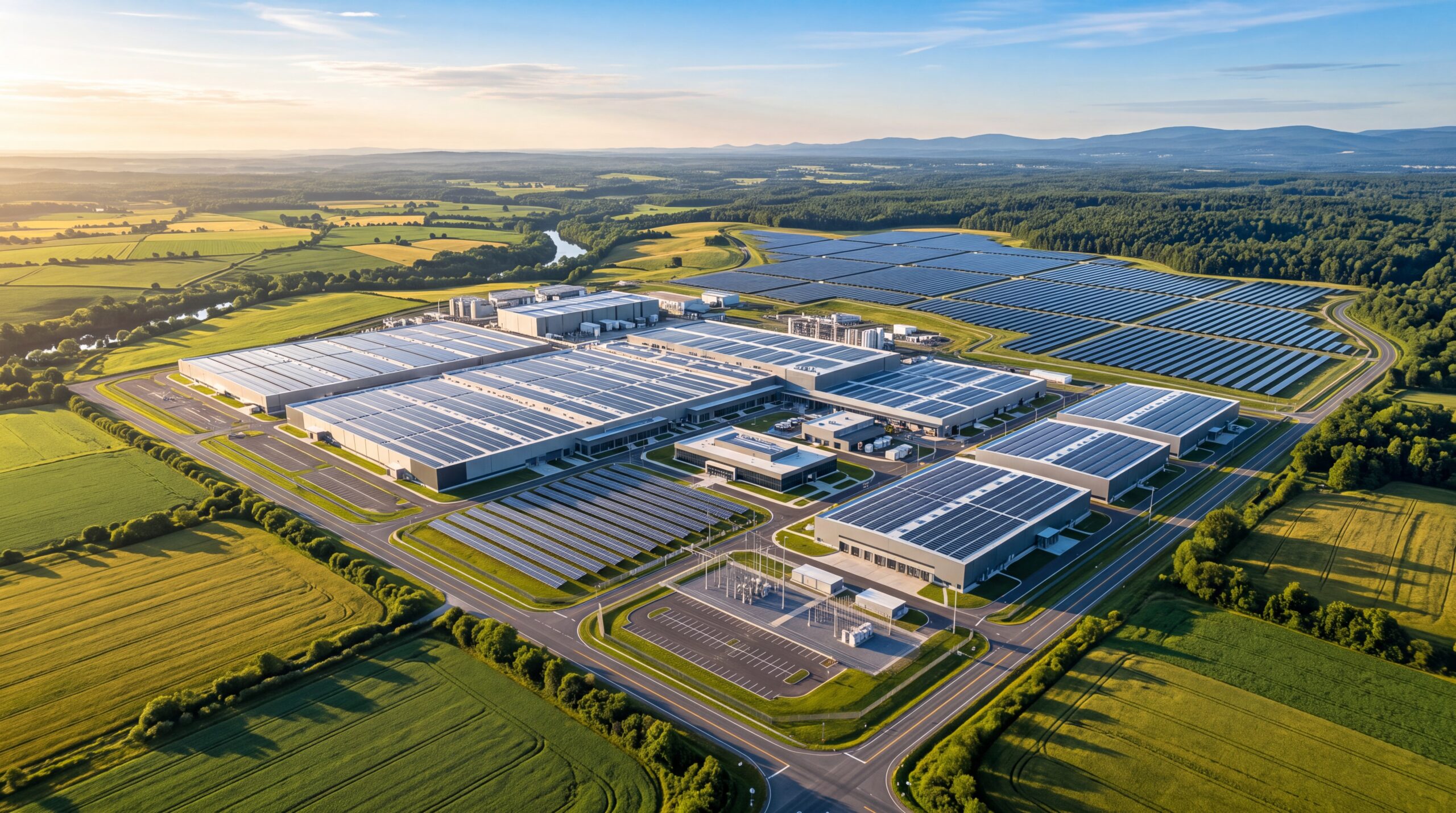 Aerial view of a large industrial complex with extensive solar panel fields and surrounding green fields caro energia